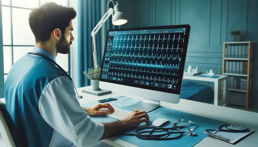 DALL·E 2024 03 30 22.12.21 Uma cena horizontal em um ambiente clinico moderno mostrando um profissional da saude analisando os dados do Holter em um computador de ultima geraca