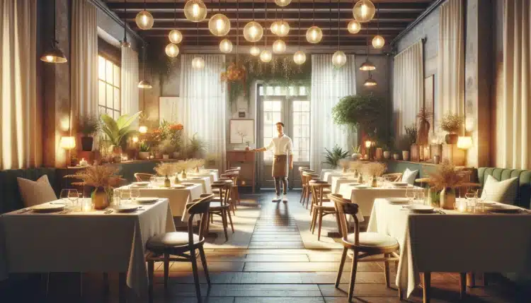 Imagine a cozy, horizontal restaurant scene that exudes warmth and an inviting atmosphere, now including a person standing at the door, welcoming gues