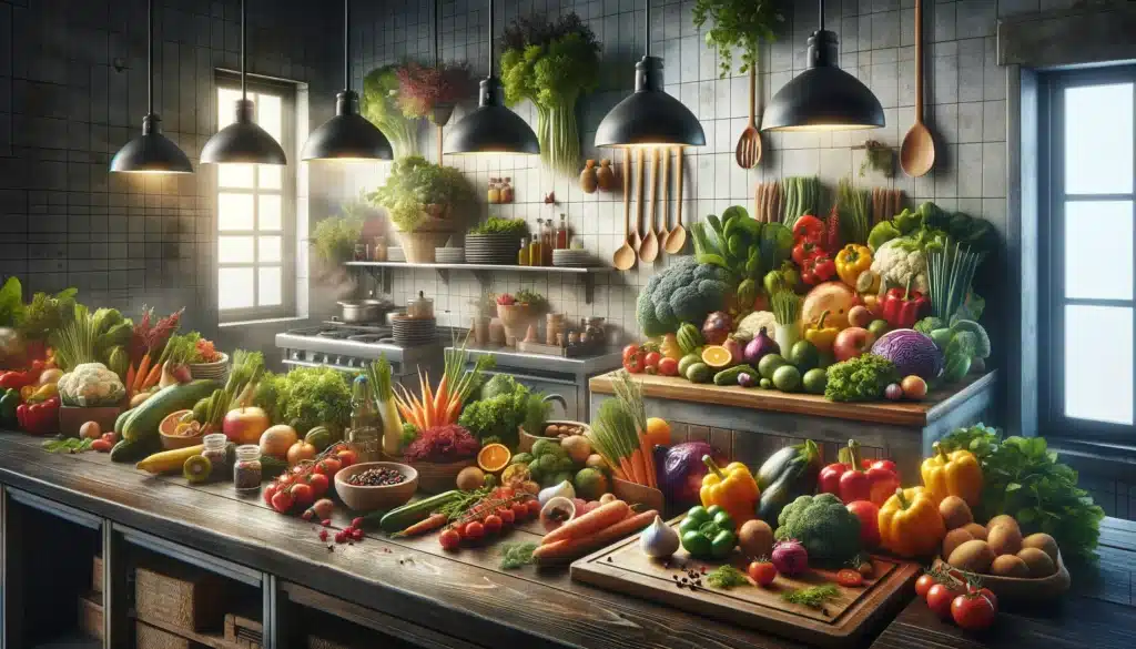  Imagine uma cena horizontal e realista dentro de uma cozinha de restaurante, onde um balcão de cozinha espaçoso exibe uma variedade de verduras e frut