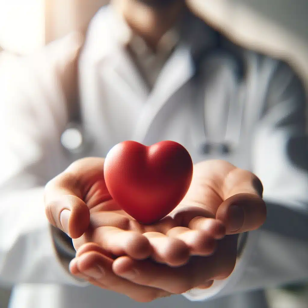 A close up of a healthcare professional in a clean modern medical setting holding a small perfect red heart in their hand symbolically. The focus i