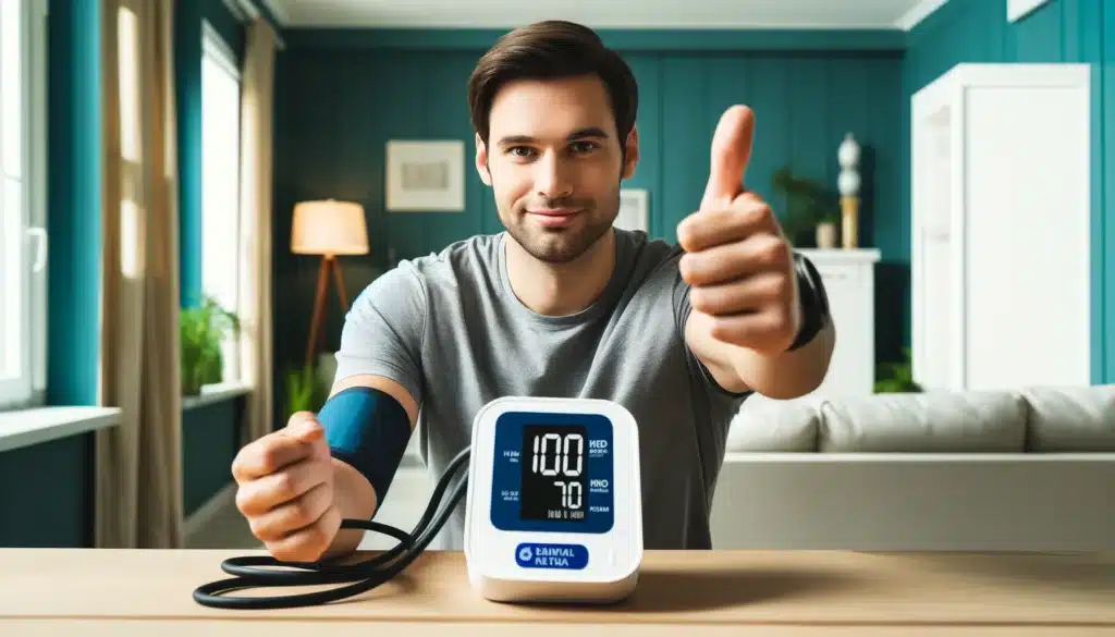 A home setting featuring a 30 year old man sitting with perfect posture at a table using an automatic portable blood pressure monitor showing a readi