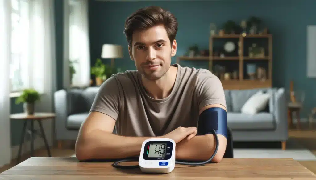 A home setting featuring a 30 year old man sitting with perfect posture on a chair at a table using an automatic portable blood pressure monitor show