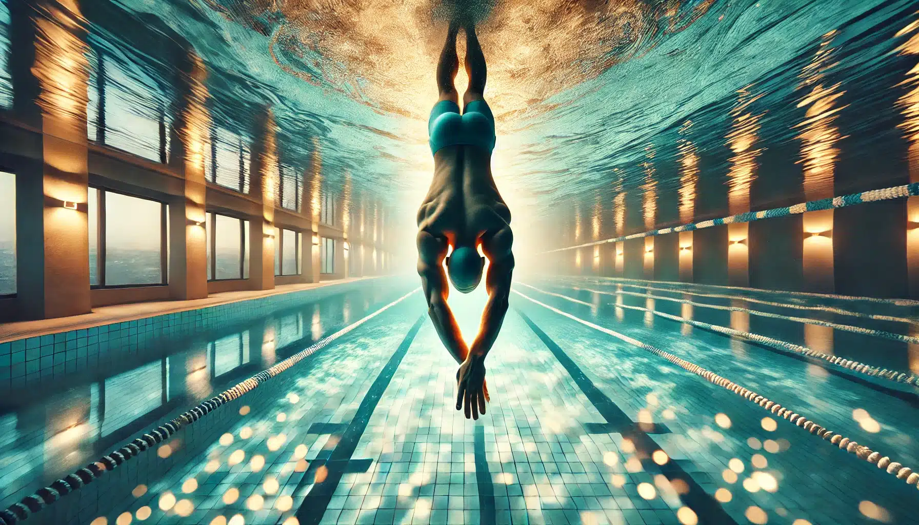 DALL·E 2024 06 19 10.43.52 A professional swimmer diving into a pool with pastel blue and light cyan water and subtle golden lights reflecting on the waters surface. The scene 1