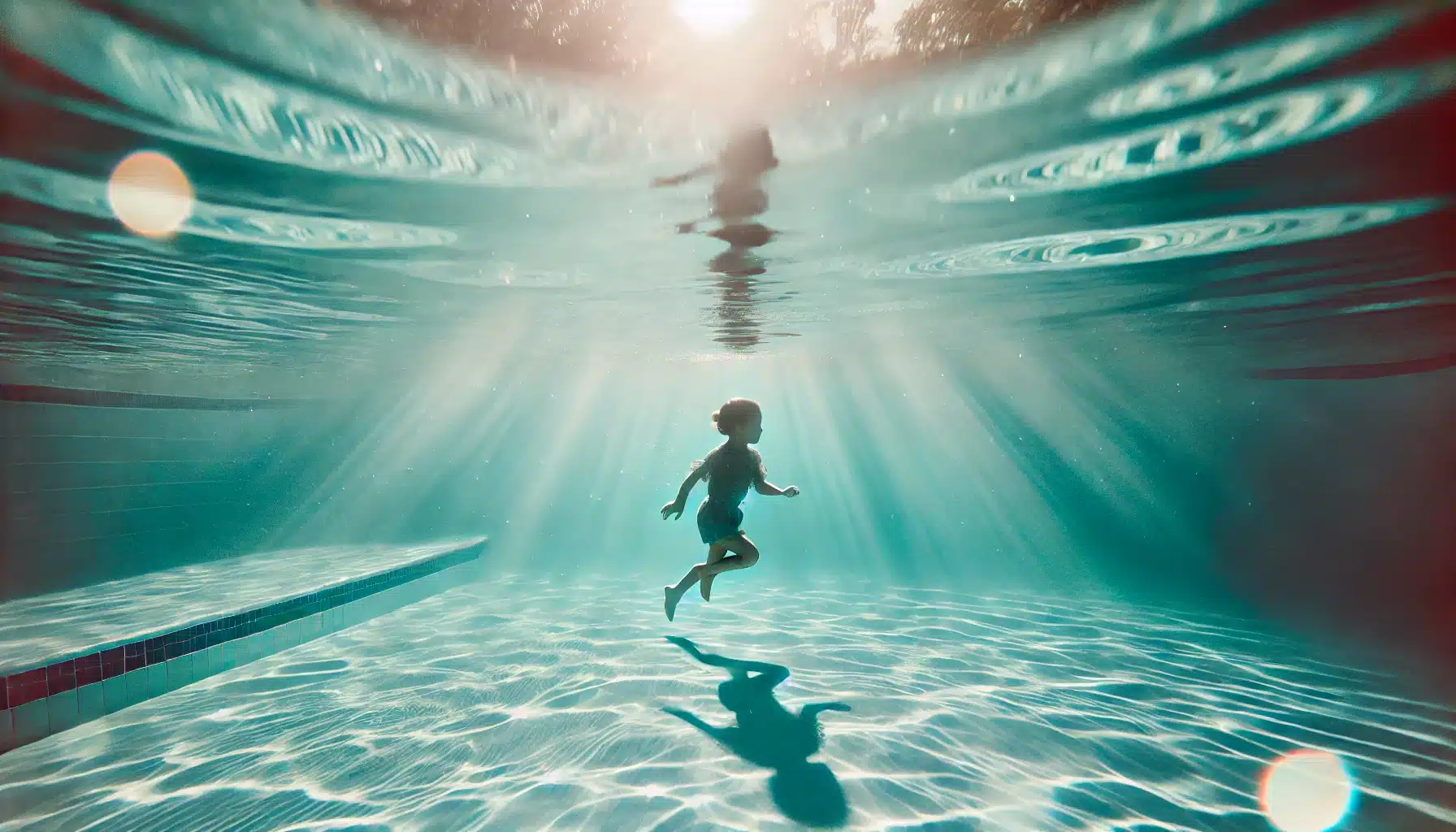 DALL·E 2024 06 19 10.44.08 A child swimming underwater in a pastel blue pool with soft sun rays penetrating the waters surface creating subtle and delicate reflections. The s