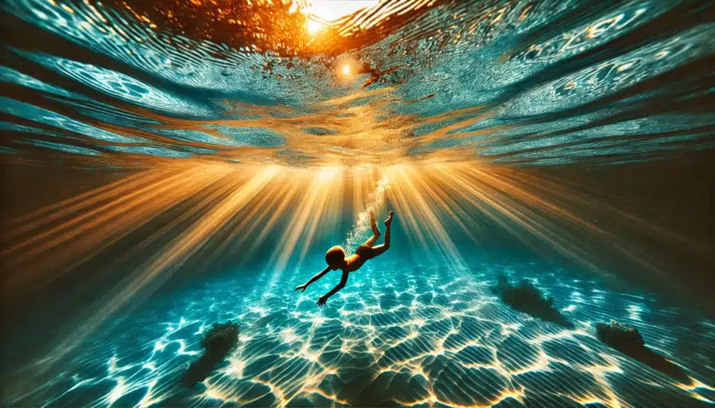 DALL·E 2024 06 19 10.48.11 A child swimming underwater in a crystal clear blue pool with sunlight rays penetrating the water surface creating golden reflections