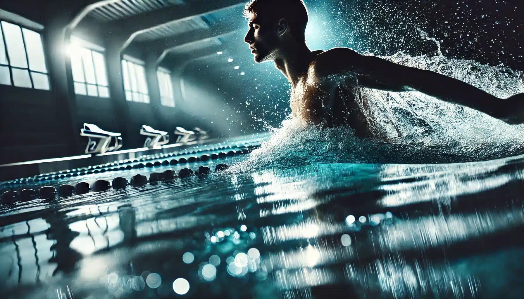 DALL·E 2024 06 19 10.58.37 A professional photograph of a swimmer swimming in a pool. The swimmer is mid stroke with water splashing around. The lighting is dramatic with blue