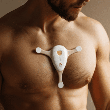 Homem utilizando confortavelmente o aparelho de Holter QuoreOne.