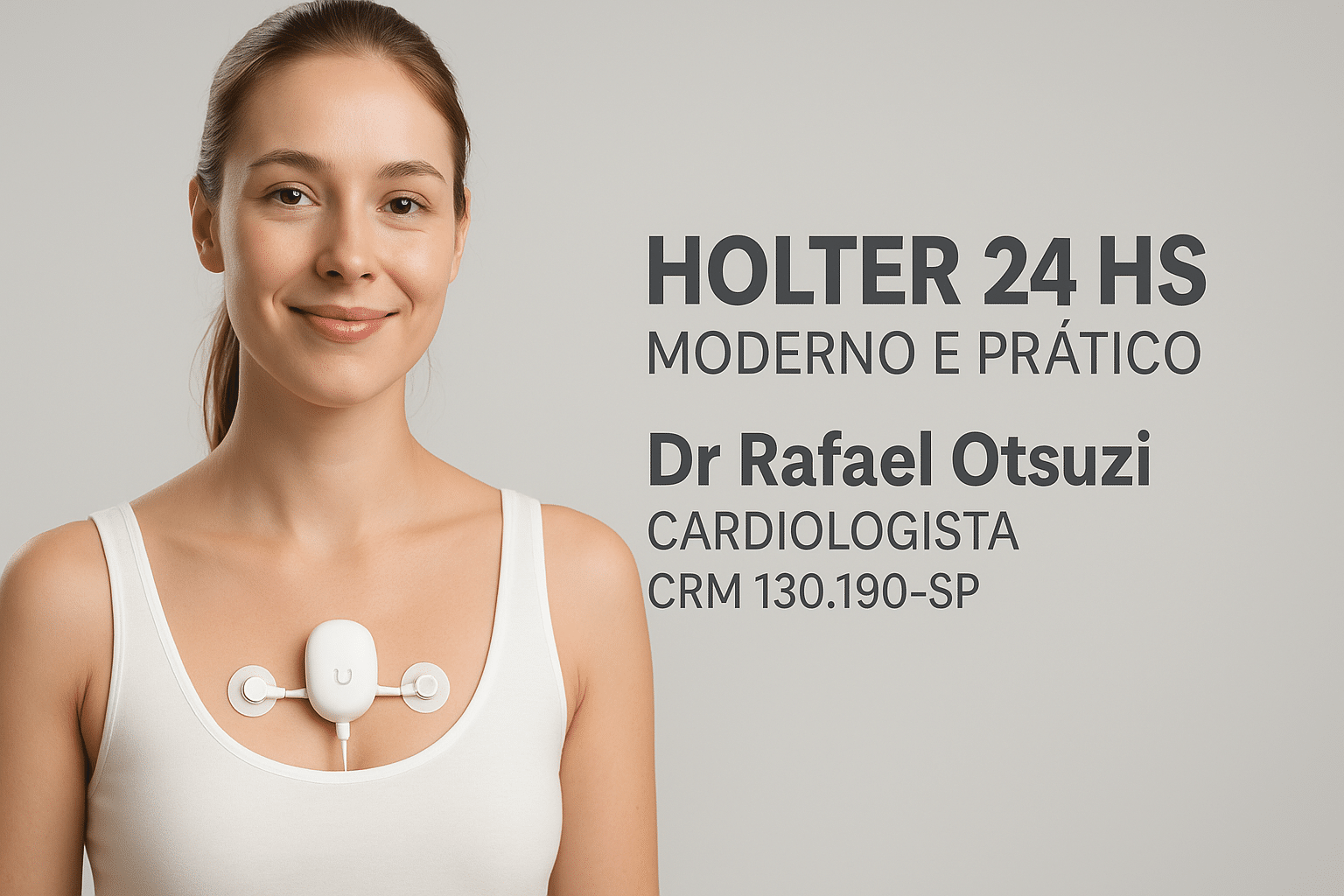 Mulher utilizando o moderno aparelho de Holter 24 horas QuoreOne em Ribeirão Preto, sem fios e de forma discreta.