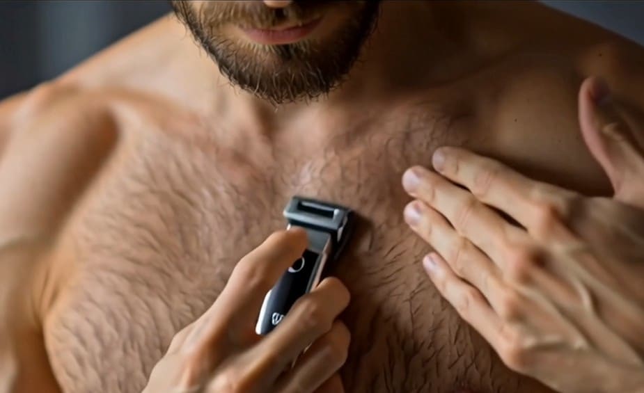 Homem realizando a depilação do tórax para o exame de Holter.