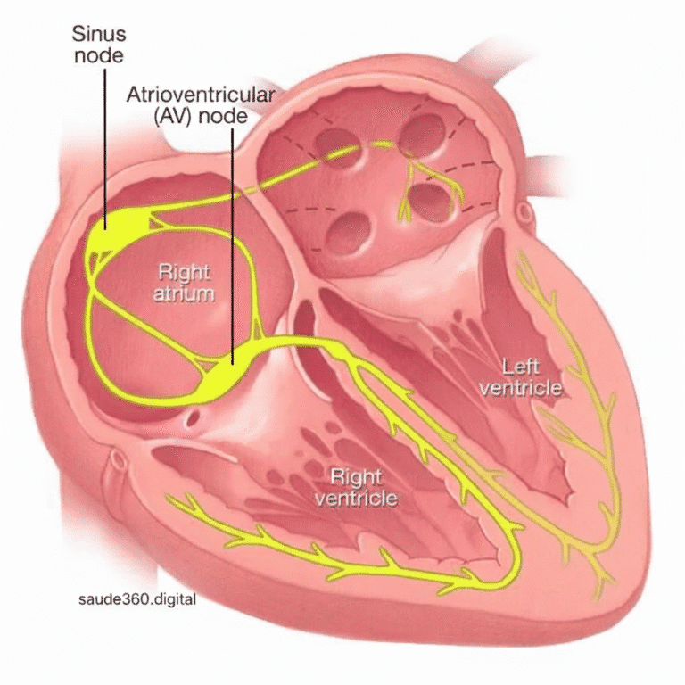 bDASE no eletrocardiograma. é Perigoso? 16 Diagrama do sistema elétrico do coração, mostrando o nó sinusal, nó atrioventricular, e os ramos esquerdo e direito de Purkinje responsáveis pela condução elétrica cardíaca. Imagem otimizada por saude360.digital.